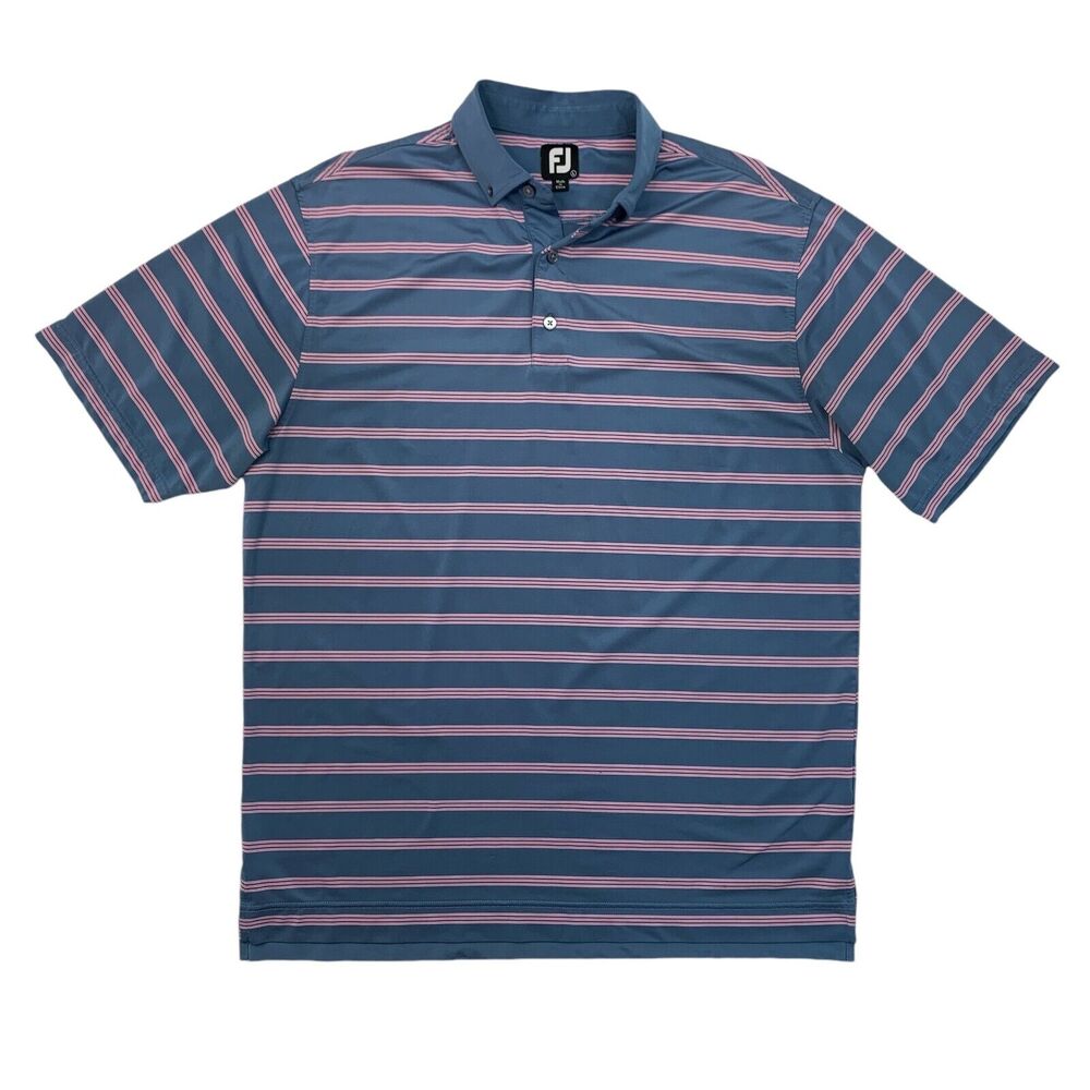FJ FootJoy Shirt Mens L Large Blue Pink Striped Short Sleeve Golf Golfing Polo